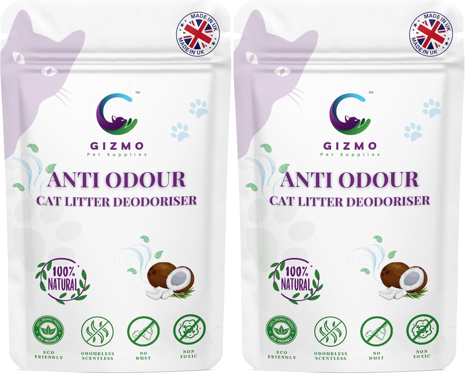 Gizmo Pet Supplies Cat Litter Freshener – Organic and All-Natural Cat Litter Odour Eliminator– Planet-Friendly Pet Litter Deodorizer – Non-Scented Odour Neutralizer – Pack of 2-2x250gr