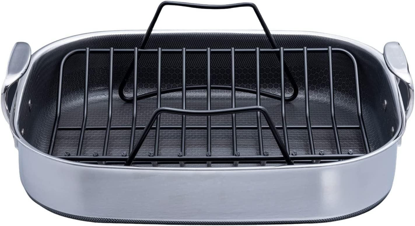 HexClad Hybrid Nonstick Roasting Pan with Rack, Dishwasher-Friendly and Oven-Safe Up to 900°F, Compatible with All Cooktops
