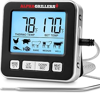 Alpha Grillers Professional Meat Thermometer for Oven - Large Display Digital Thermometer for Cooking Leave in Meat Temperature Probe - 7 Preset Temperatures & Timer