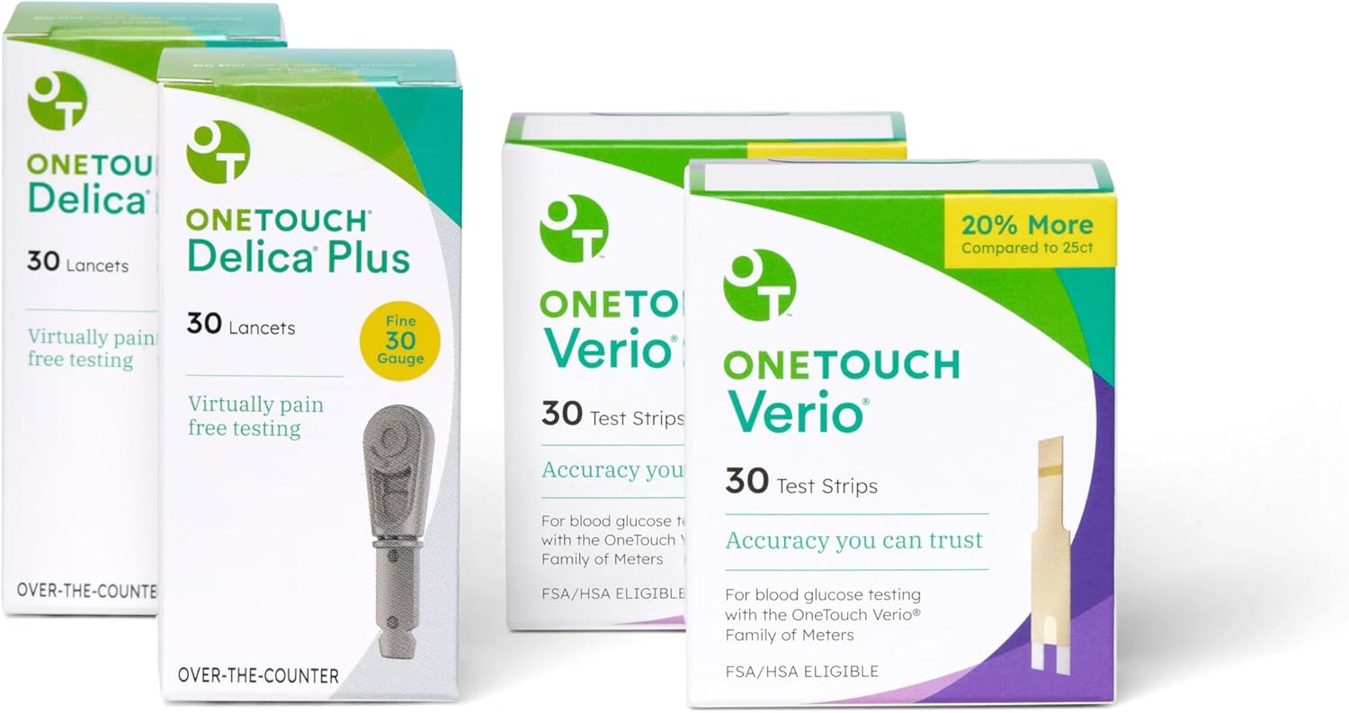 OneTouch Delica Plus Lancets & OneTouch Verio Test Strips Bundle - Fine 30-Gauge - for Diabetes Testing - Diabetic Supplies for Blood Sugar Monitor - Includes 60 Test Strips & 60 Lancets