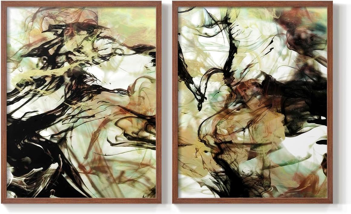Renditions Gallery Set of 2 Peel & Stick Framed Prints, Abstract Wall Art, Vapping Smoke Design Wall Decor, Re-Stickable - Ready to Hang - 8"x10" - Walnut Frame LT588
