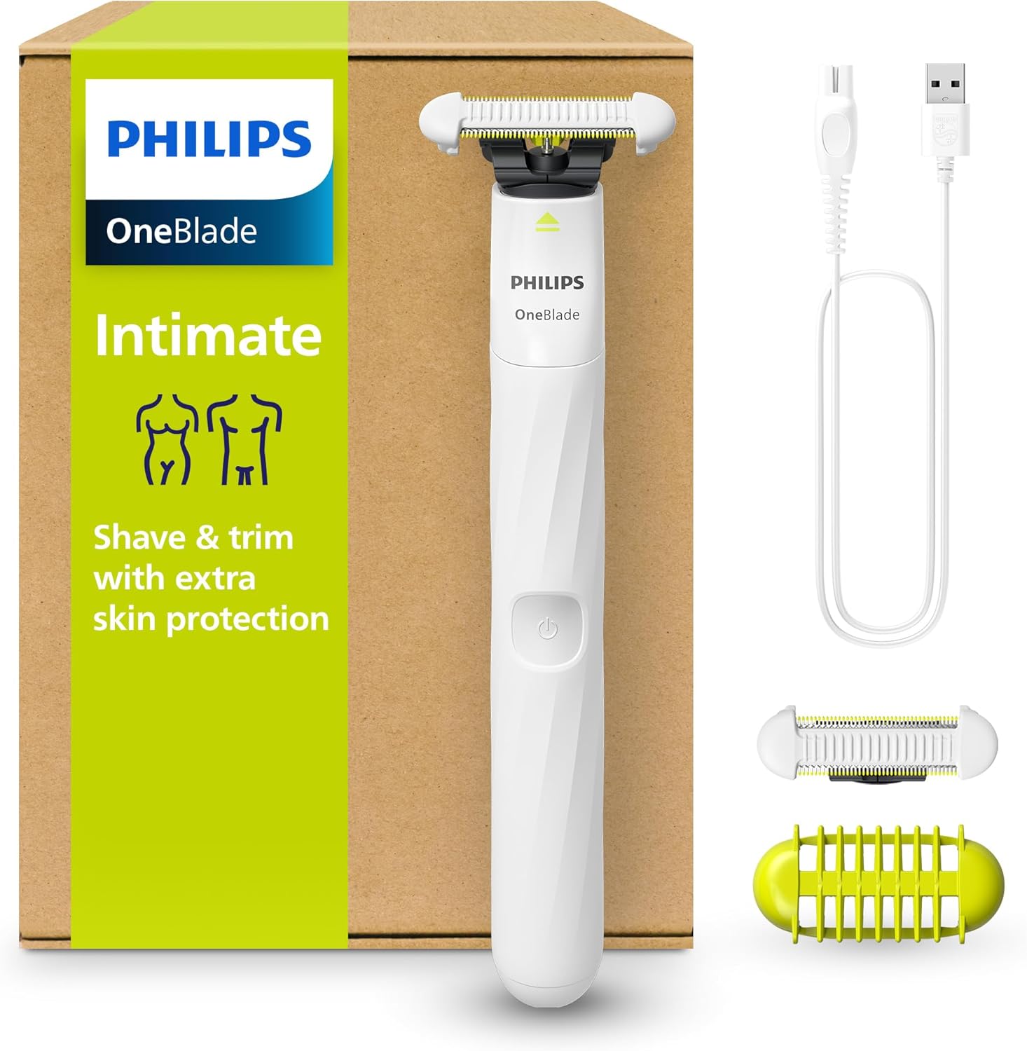 Philips OneBlade Intimate, Designed for Pubic Grooming, Trim and Shave with Extra Skin Protection, Model QP1924/30