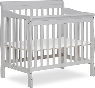 Aden 4-in-1 Convertible Mini Crib In Grey, Greenguard Gold Certified, Non-Toxic Finish, New Zealand Pinewood, With 3 Mattress Height Settings