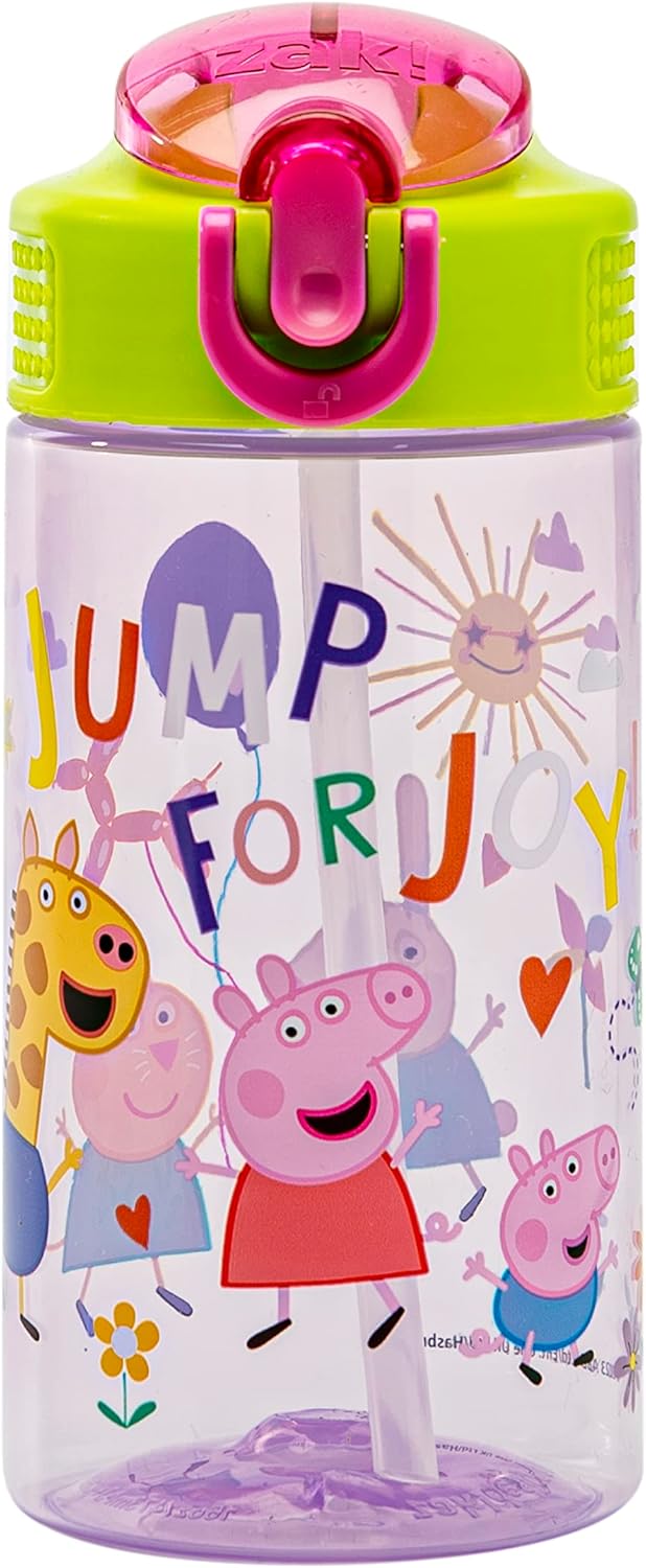 Zak Designs Peppa Pig Kids Water Bottle For School or Travel, 16oz Durable Plastic Water Bottle With Straw, Handle, and Leak-Proof, Pop-Up Spout Cover (Peppa & Friends)