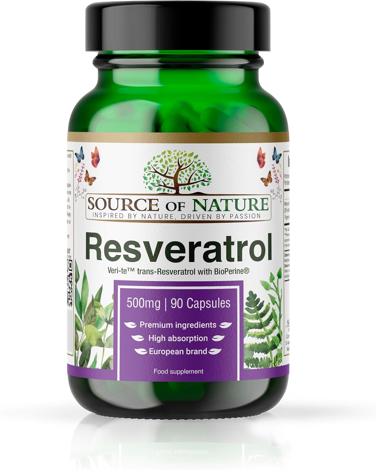 Source of Nature® | High Dose 500mg Trans-Resveratrol | 90 Capsules | Naturally Fermented Resveratrol | Enhanced with BioPerine® | Clean Label & Premium Quality
