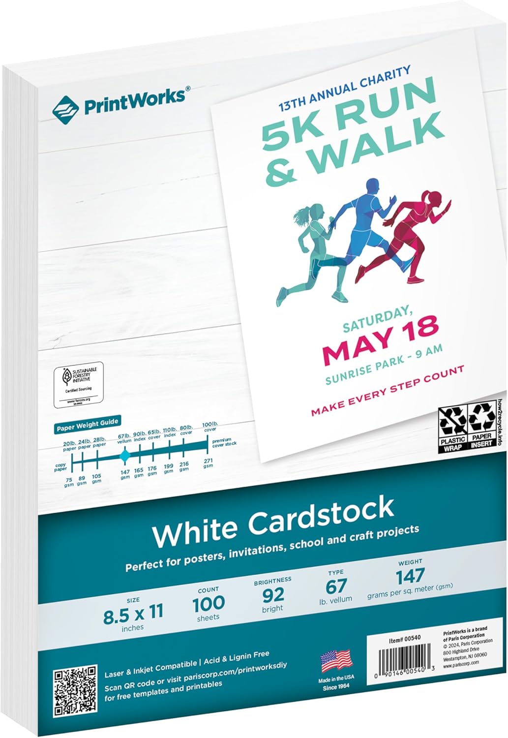 PrintWorks White Cardstock 8.5" x 11" - 67 lb/147 gsm Vellum Bristol - 100 Sheets - Made in the USA - SFI® Certified - 92 Bright - Card Stock Printer Paper for School, Craft, & Office Use (00540)