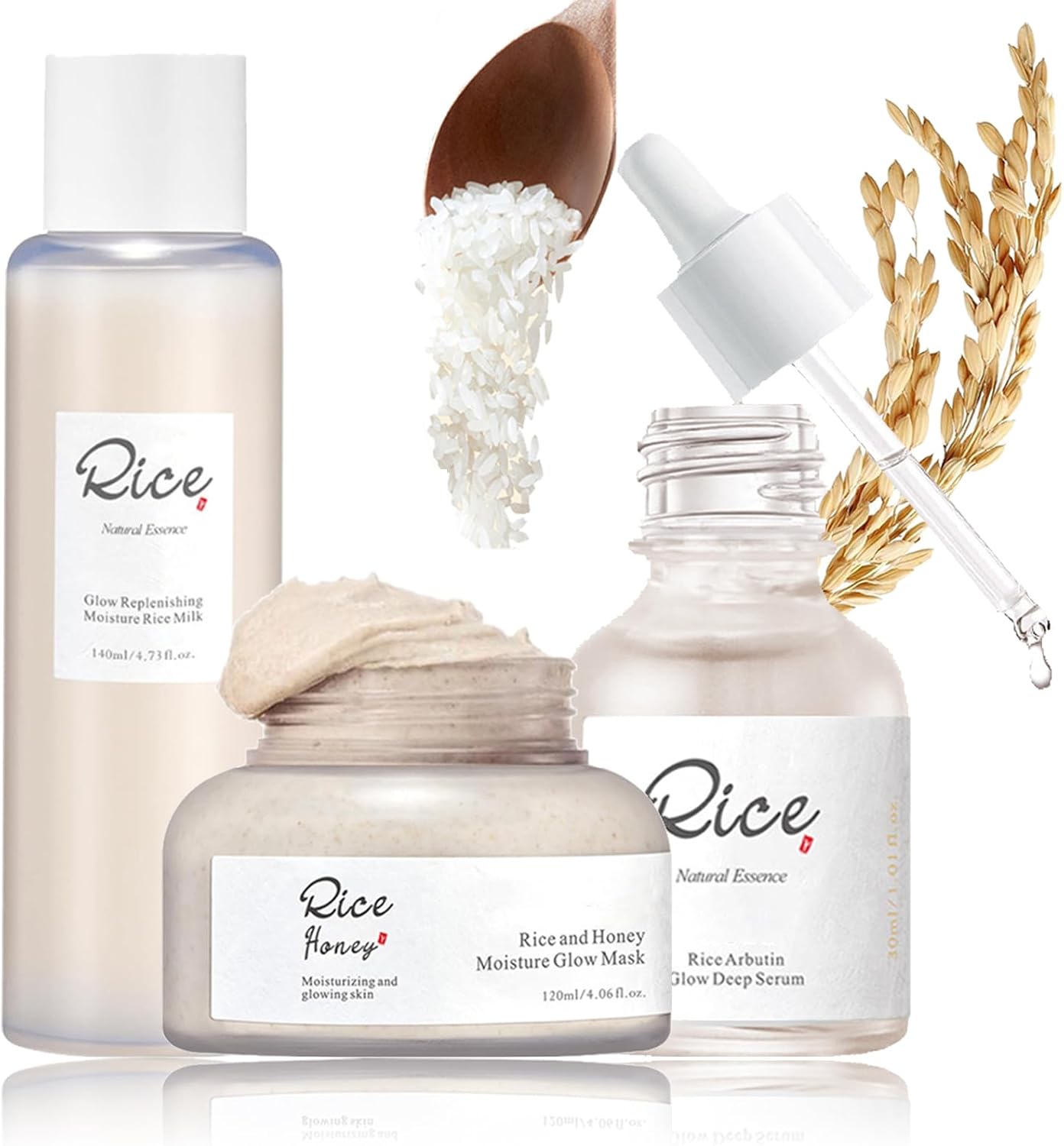 Rice Skin Care Set,Korean Skincare Set for Glowing Hydrating Glass Skin,Beauty Gift Sets Women,Facial Kits with Rice Milk Toner,Ground Rice&Honey Glow Mask,Arbutin Serum,Rice Raw Pulp Gifts Set(3PCS)