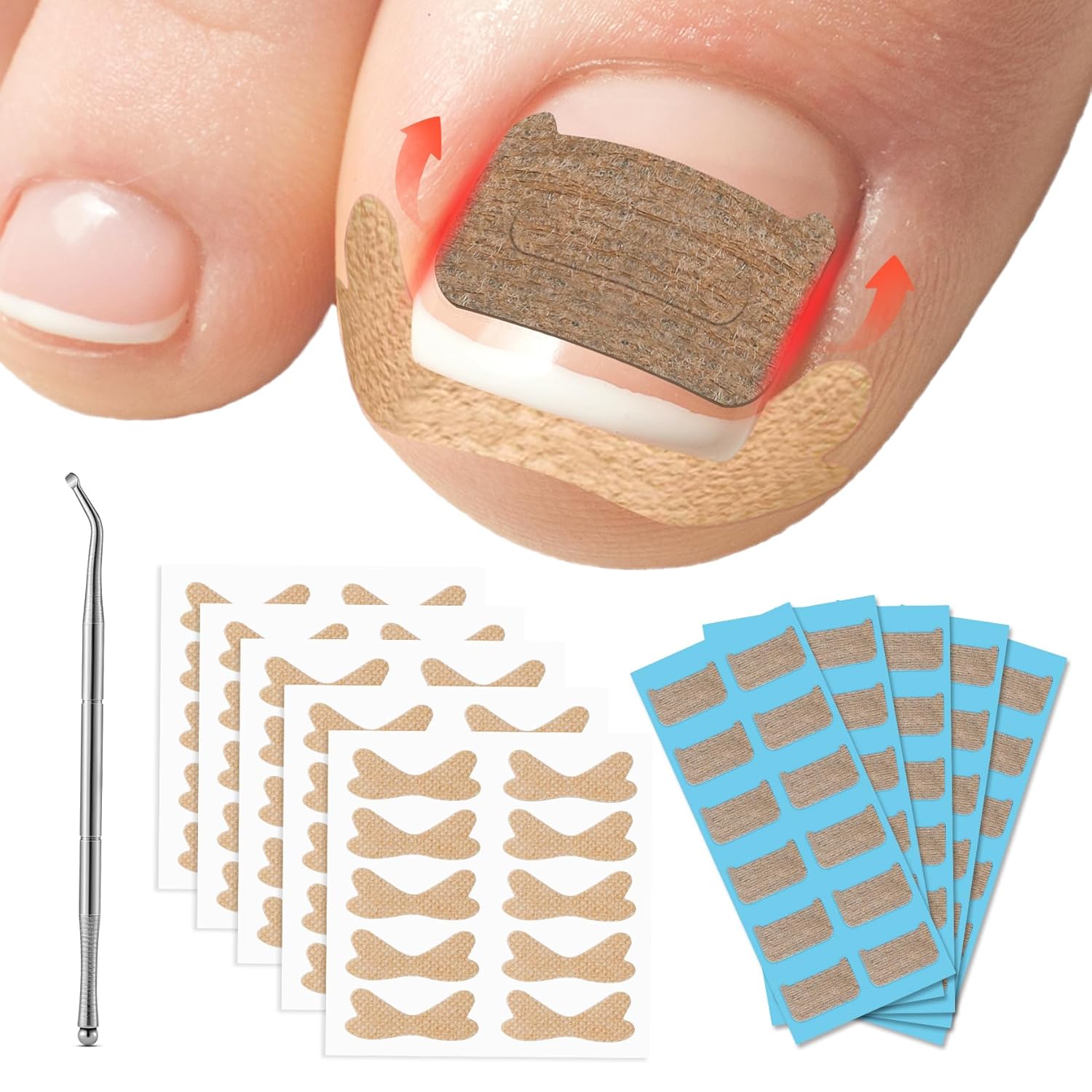 FVION Pain-Free Ingrown Toenail Corrector Set with Toenail Lifter - 50Pcs Breathable Ingrown Toenail Corrector Patch, 60Pcs Ingrown Toenail Strips - Pedicure Tools
