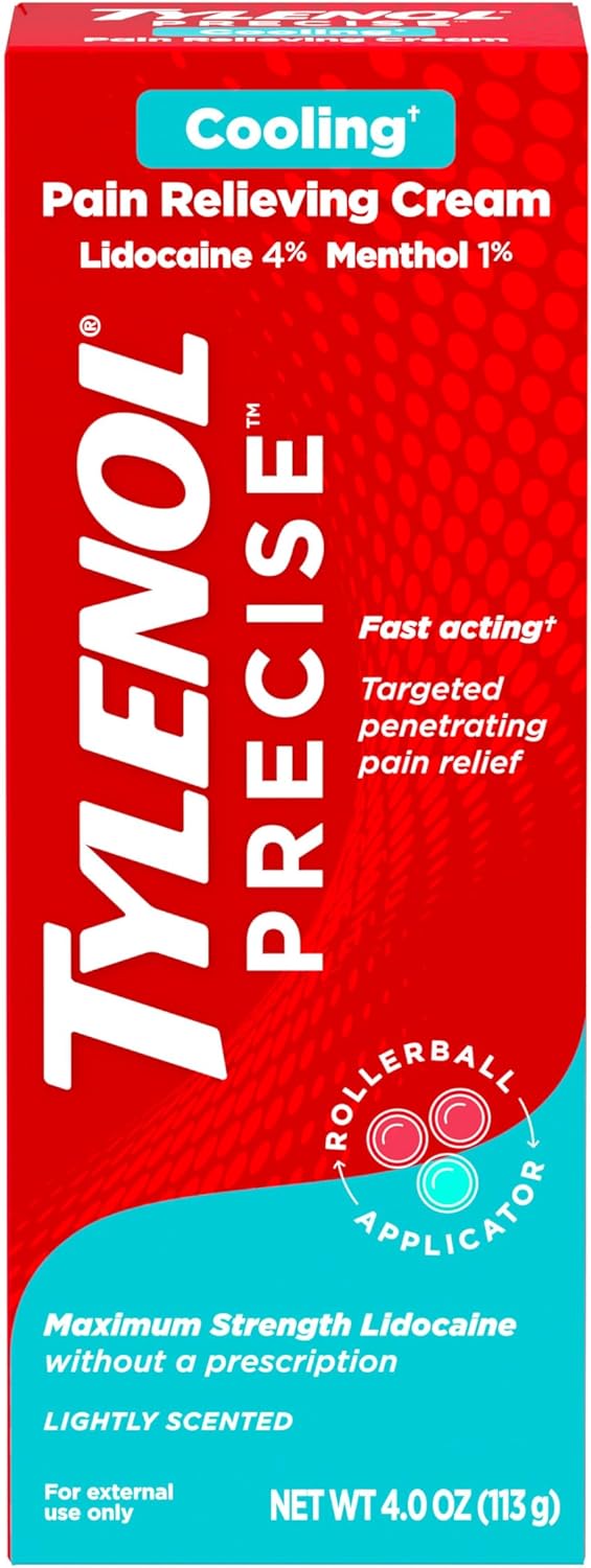 Tylenol Precise Cooling Pain Relieving Cream, Maximum Strength 4% Lidocaine & 1% Menthol Cooling Pain Cream for Joint Pain, Fast-Acting, Penetrating Pain Relieving, Light Scent, 4oz