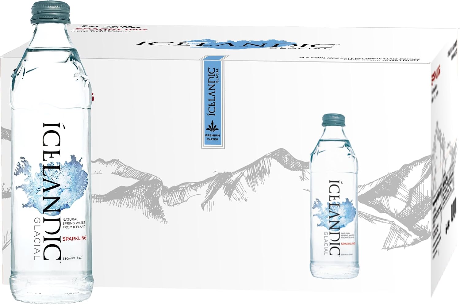 Icelandic Glacial Premium Sparkling Water 330ml Glass Bottles x 24 Per Pack – Alkaline/Low PH, Recycled Packaging, BPA Free, Carbon Neutral from Icelandic Spring. Low TDS and Mineral Content.