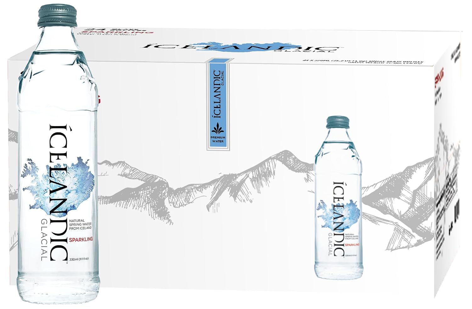 Icelandic Glacial Premium Sparkling Water 330ml Glass Bottles x 24 Per Pack – Alkaline/Low PH, Recycled Packaging, BPA Free, Carbon Neutral from Icelandic Spring. Low TDS and Mineral Content.