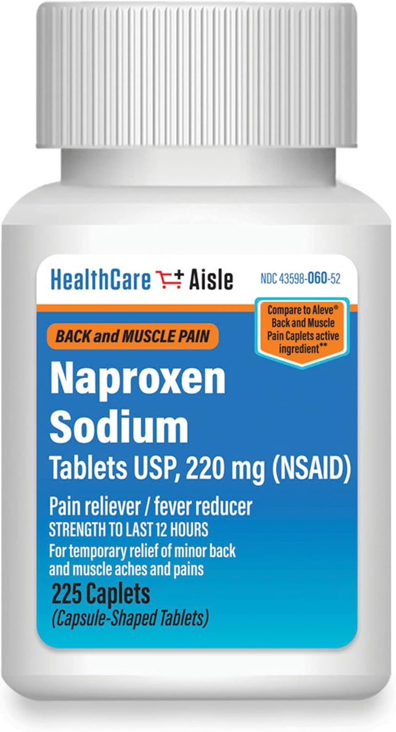 HealthCareAisle Naproxen Sodium, 220 mg - 225 caplets - Back and Muscle Pain Reliever, Up to 12 Hours of Relief