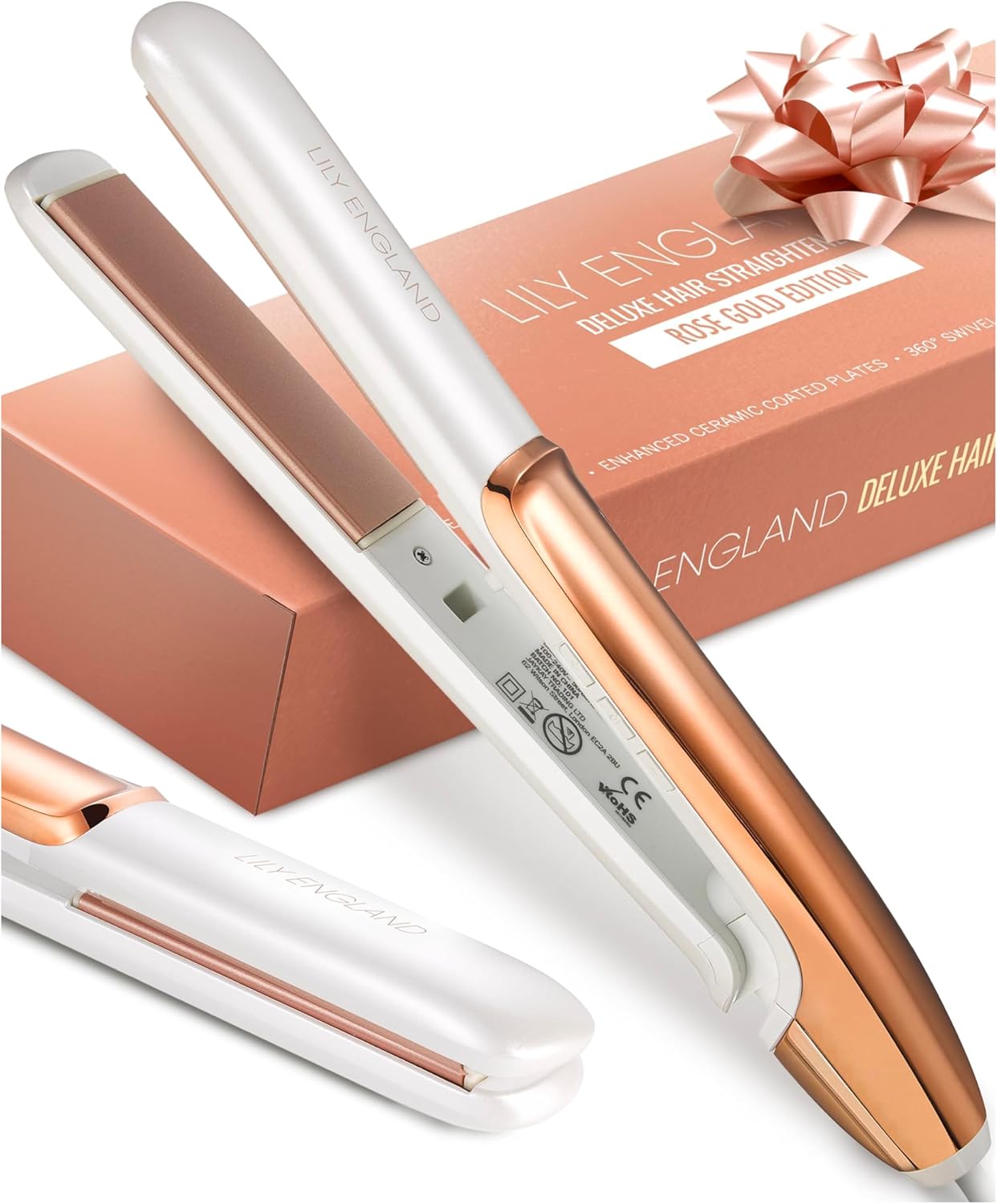 Lily England Hair Straighteners for Women - 2-in-1 Ceramic Flat Iron & Curler, Rose Gold Straightener with Adjustable Temp 100-230°C, Fast Heat-Up, Dual Voltage Technology - for Sleek & Shiny Finish