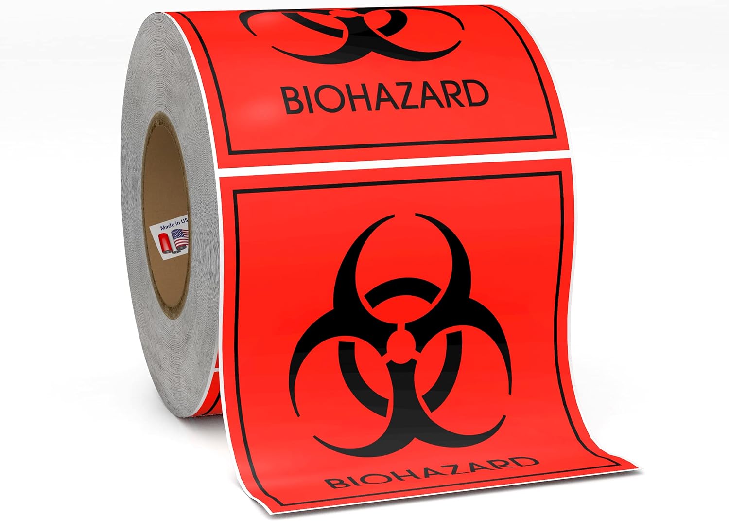 Biohazard Warning Labels 4" X 4" Inch, Fluorescent Red-Orange Hazardous Stickers 250 Labels Per Roll for Medical and Industrial Use and More - Made in The USA by Kenco (1)