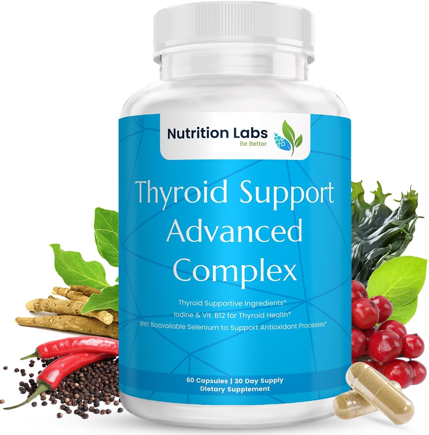 Thyroid Support Advanced Herbal Supplement for Women & Men with B12, Iodine 150 mcg, L-Tyrosine, Bladderwrack, Kelp, Selenium 200 mcg & Ashwagandha. Mood Enhancer, Increase Energy, Thyroid Health