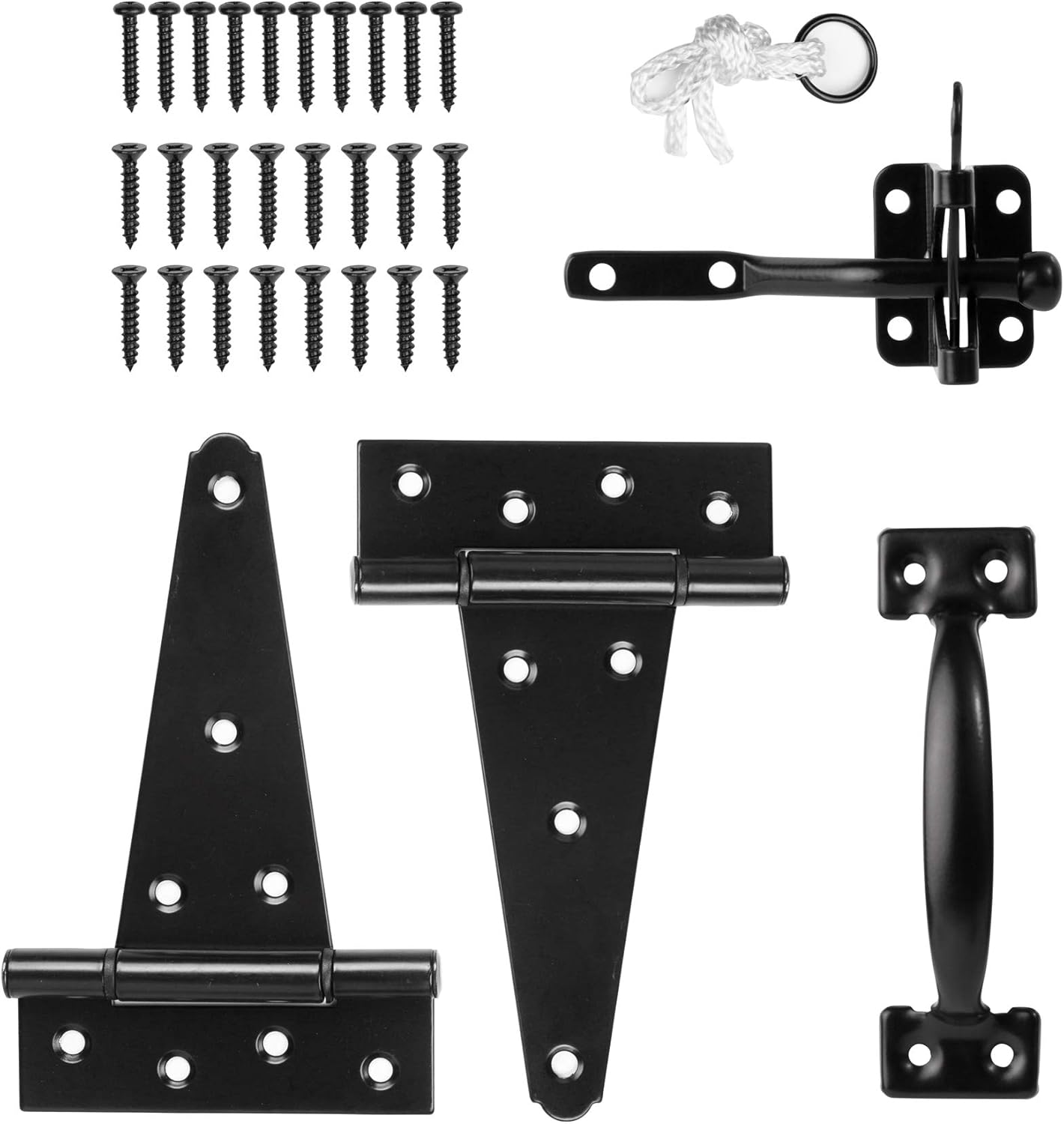 Heavy Duty Gate Latch Door Handle Hardware Kit for Wooden Fence, Self-Closing Gate Latch with Pull String, Decorative Metal Gate Pull Handle, 2 Pack 6in T-Strap Gate Hinges, Black Finish