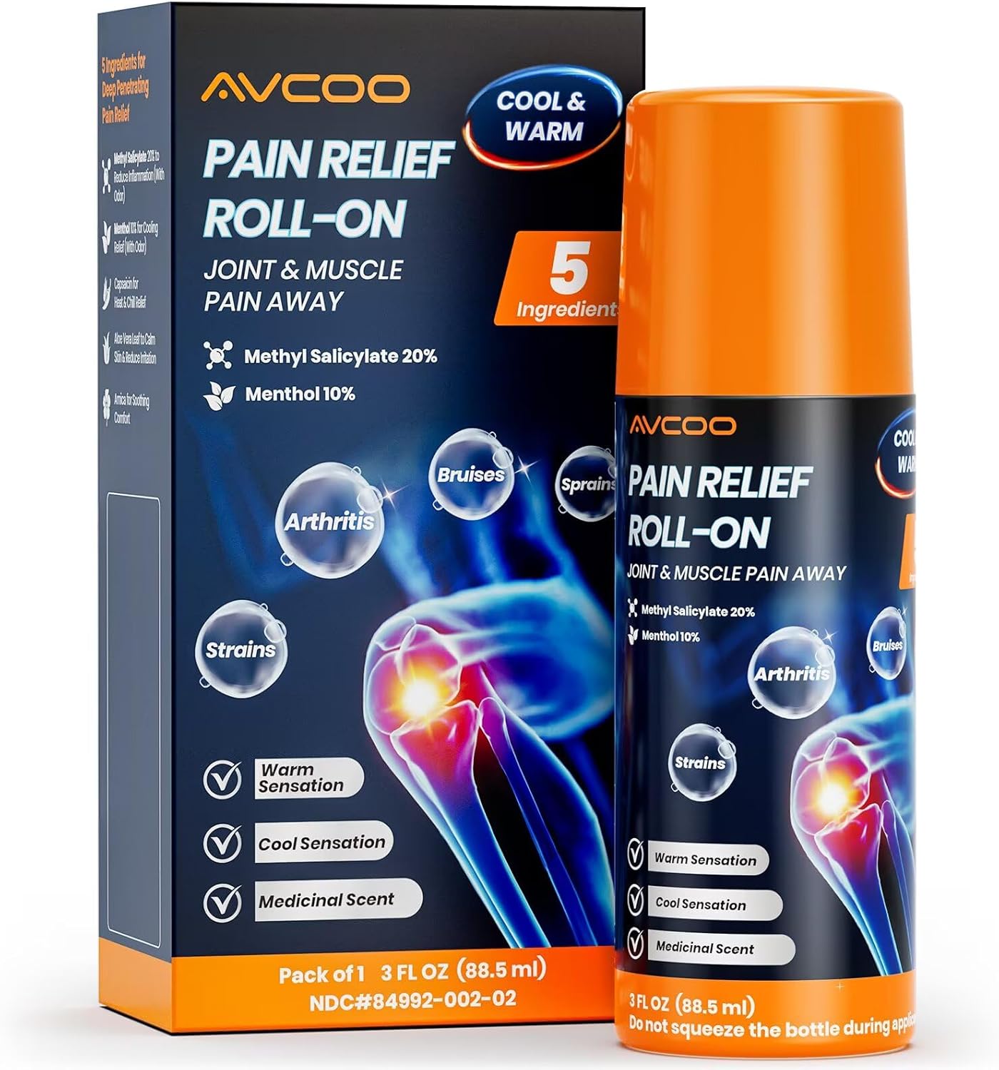Roll-On Pain Relief with Fast-Acting Capsaicin & Menthol Formula for Powerful Relief of Arthritis, Joint, Muscle, Knee, Shoulder, Back Pain, No-Mess Applicator with Cool & Warm Sensations, 3 OZ