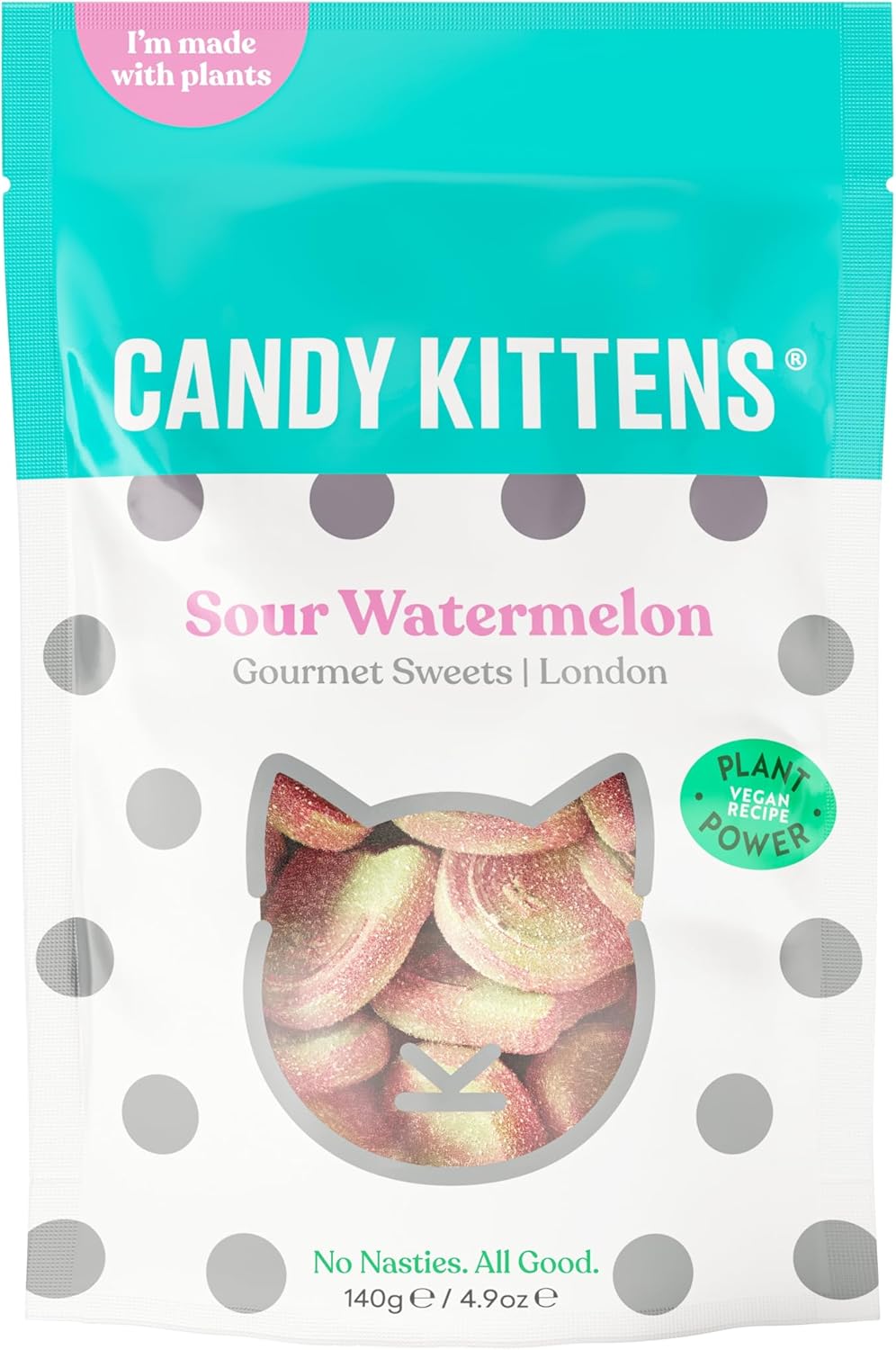Candy Kittens Vegan Sweets – Sour Watermelon (140g, Pack of 1) – Fizzy Treats with No Nasties, Plant-Based Vegan Snack with Real Fruit Juice, Ideal for Pick and Mix or Sweets Gift Box
