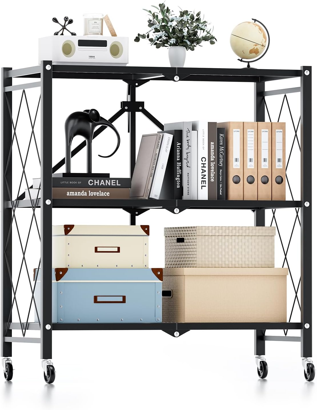 HealSmart Heavy Duty 3-Tier Foldable Metal Rack, 14.96" D x 27.95" W x 34.25" H Storage Shelving Unit 750 lbs with Wheels Moving Organizer Shelves for Garage Kitchen, Black