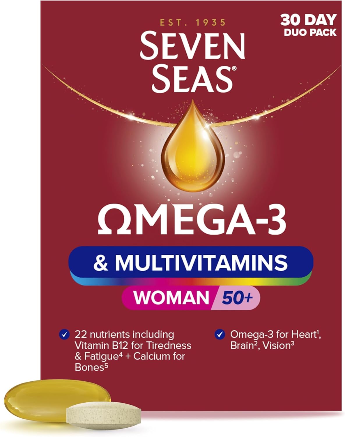 Seven Seas Omega-3 and Multivitamins Woman 50plus, with Vitamin B12 and Calcium, 30-Day Duo Pack, 30 Omega-3 Capsules and 30 Multivitamin Tablets