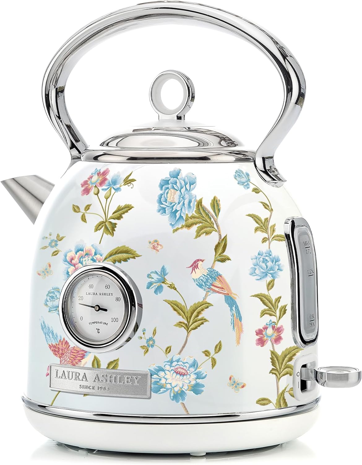 Laura Ashley Elveden White 1.7 Litre Stainless Steel Electric Kettle - 3KW Kettles Electric Fast Boil Quiet - Pyramid, Retro Kettle Cordless with 360 Degree Base, Overheating & Boil Dry Protection