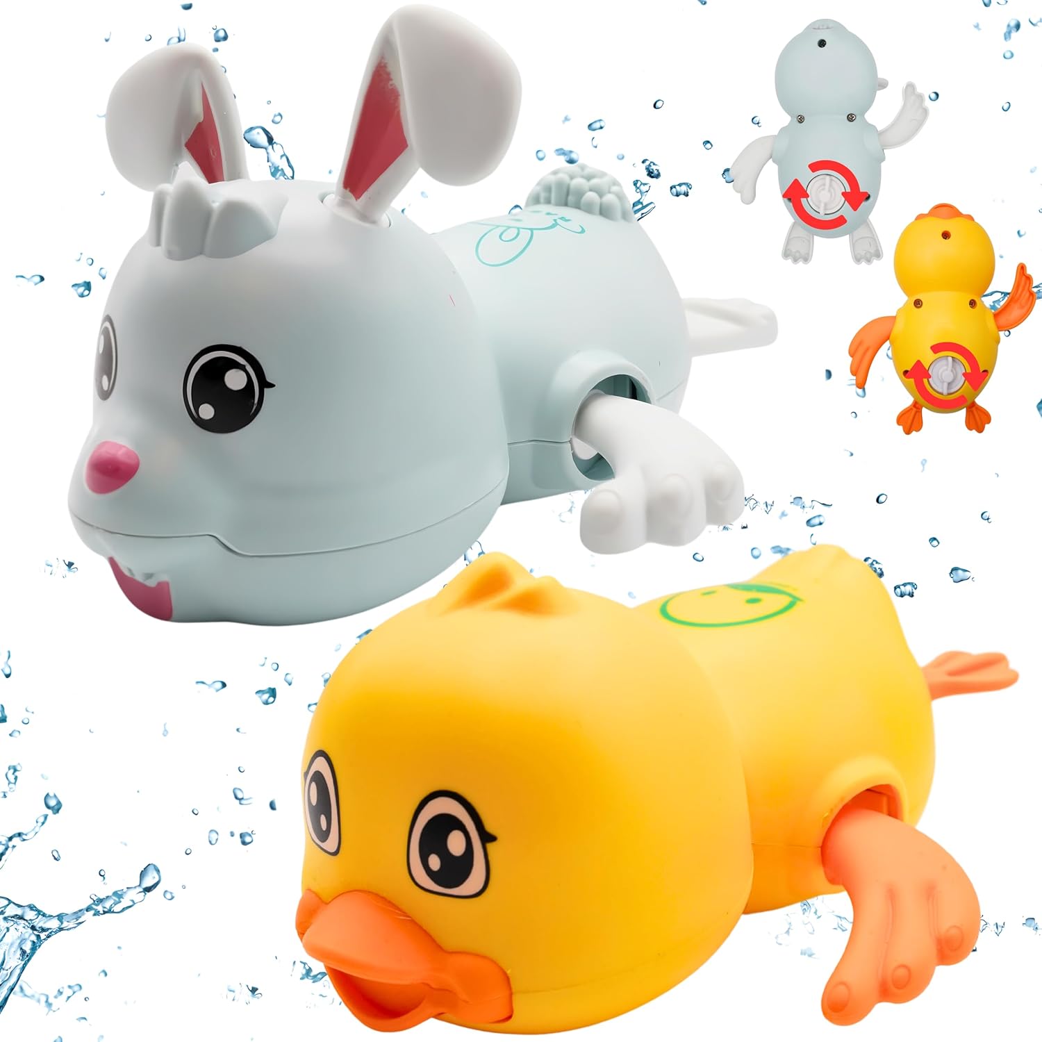 Kids Wind-Up Animal Bath Toys Set, Fun Swimming Friends for Bathtime Play,Safe & Durable Baby Bathing Toy Set for Toddler Girls Boys Bath-time Rabbit -(Blue) & Duck(Yellow)-2pcs