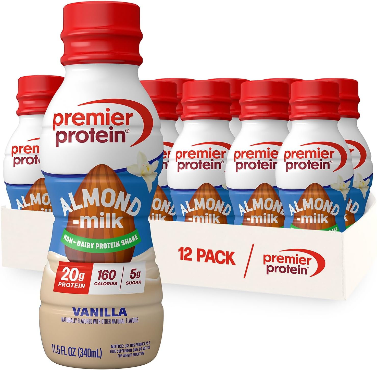 Premier Protein Almondmilk Non-Dairy Protein Shake, 20g Protein, 5g Sugar, 11.5 Fl oz, Vanilla, 12 Count