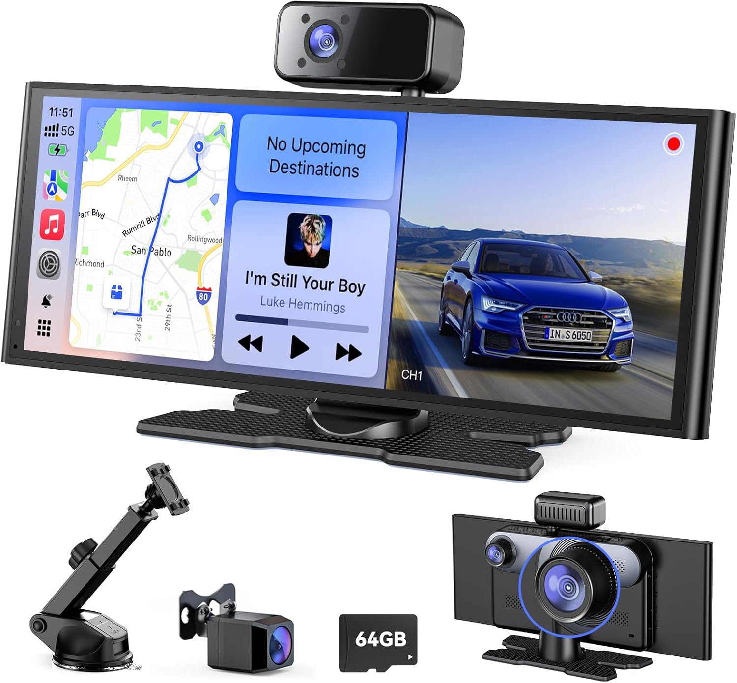 Avylet 10.26'' Wireless 60FPS Car Play Screen for Apple Carplay, Android Auto, 3 Channel Dash Cam, Portable car play Touchscreen with OTA/GPS Navigation/Mirror Link/Voice Control/Bluetooth/AUX/FM/WIFI