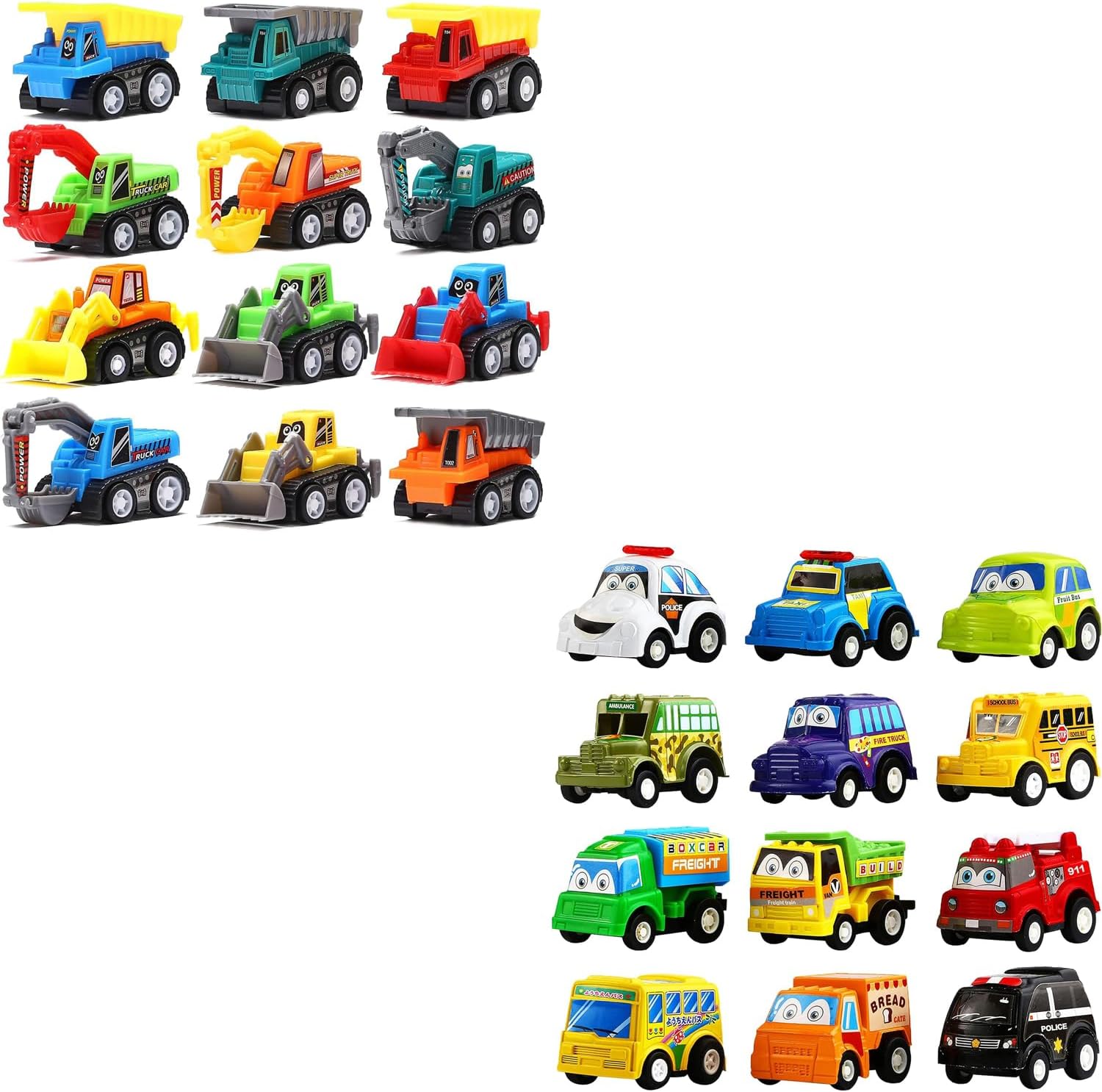 2 Sets of Different 12 Pcs Mini Truck Toy Kit - Pull Back Construction Vehicles for Kids, Great Party Favors, Birthday Gifts, Classroom Rewards, Die Cast Car Toy Play Set