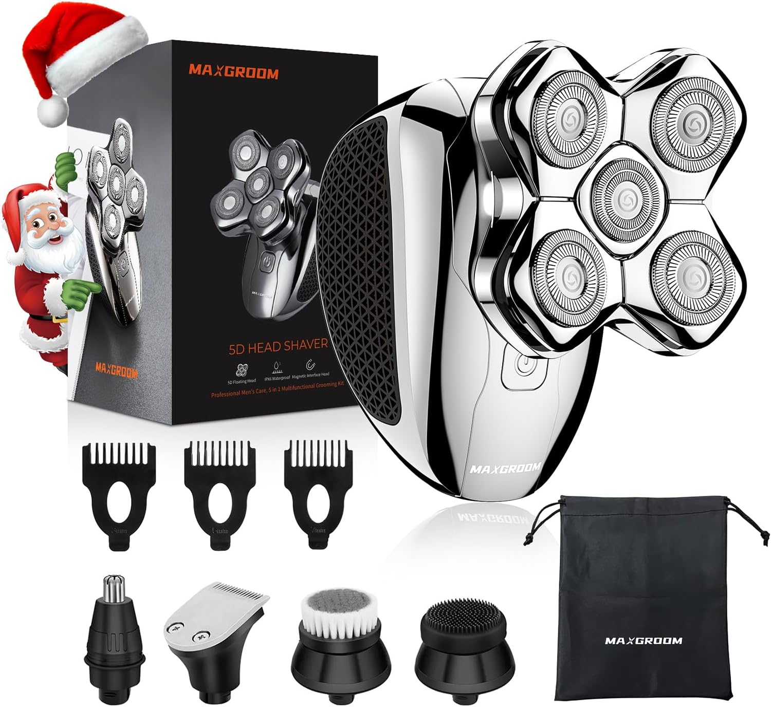 Head Shavers for Bald Men, MAXGROOM 5 in 1 Waterproof Head Razor for Men with LED Display, Travel Pouch, USB Rechargeable & Magnetic Detachable, Silver