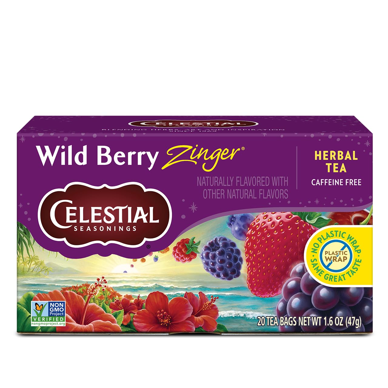 Celestial Seasonings Wild Berry Zinger Herbal Tea, Caffeine Free, 20 Tea Bags Box