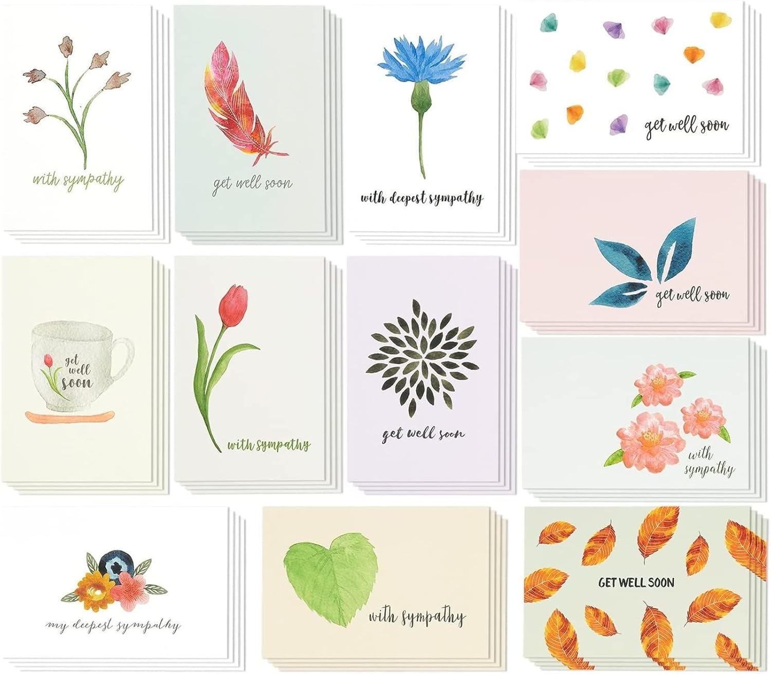 48 Pack Sympathy and Get Well Cards Assortment Box with Envelopes - 12 Floral Designs, 4x6 Inch, Blank Inside, Well Wishes Cards for Family, Friends, Coworkers