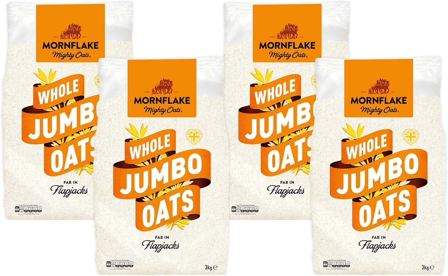 Mornflake - Jumbo Oats 4x 3kg 100% Wholegrain Rolled Oats All Natural Ingredients, High In Fibre. Perfect For Breakfast Porridge Oats, Overnight Oats & Flapjacks. Suitable For Vegan Diet