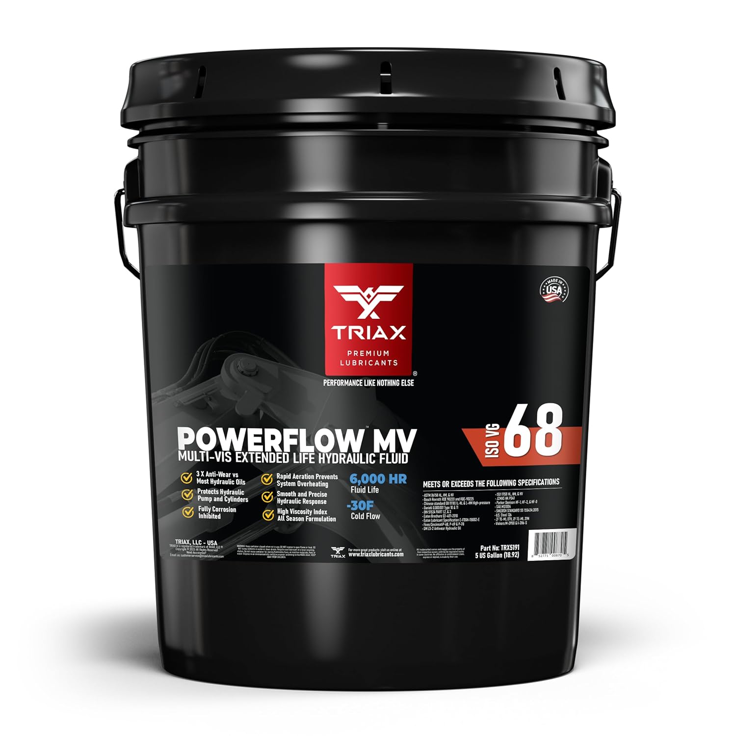 TRIAX Powerflow MV 68 Premium HLP Hydraulic Oil, 6000 Hour Extended Life, Double Anti-Wear, True All Season, -40 F Pour Point (5 Gallon Pail)
