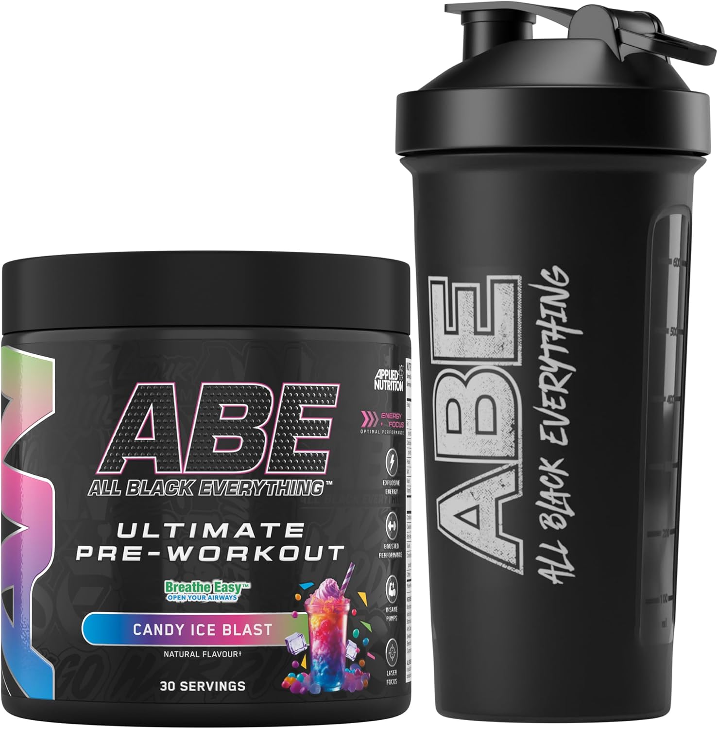 Applied Nutrition Bundle ABE Pre Workout 375g + ABE Black Shaker 700ml | All Black Everything Pre Workout Powder, Energy Drink, Physical Performance, Creatine, Beta Alanine, Caffeine (Candy Ice Blast)