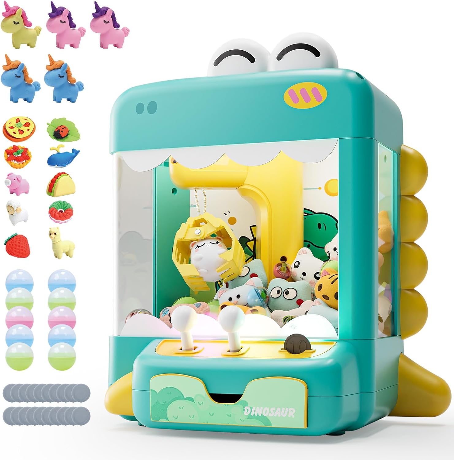 Skirfy Dinosuar Claw Machine, Mini Vending Machine with Lights & Music, Adjustable Sound, Candy and Electronic Prize Dispenser, Includes 45 Toys, Candy and Birthday Gift for Kids Boys