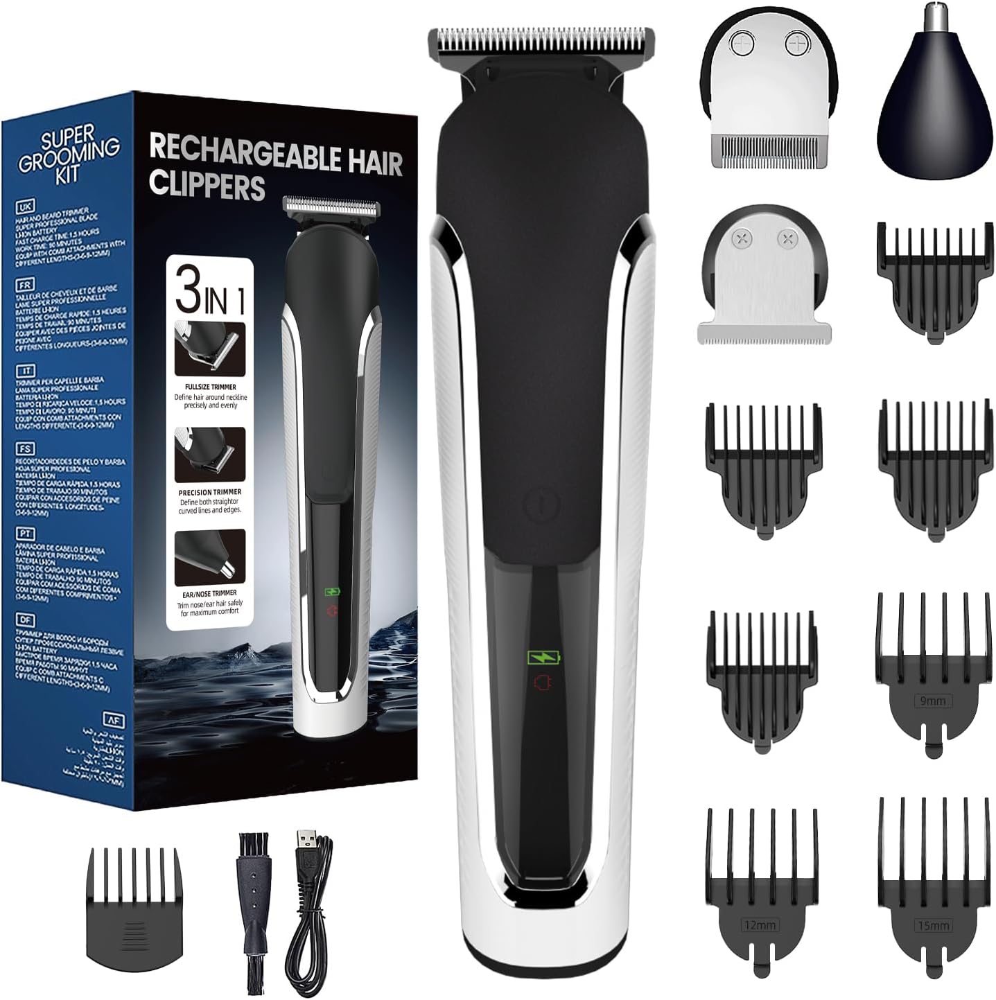 Beard Trimmer Men, Hair Clippers Men, All-in-One Men's Grooming Kit with Nose and Ear, Detail Trimmer, IPX6 Waterproof Professional Cordless Hair Clipper with 4 Limit Combs