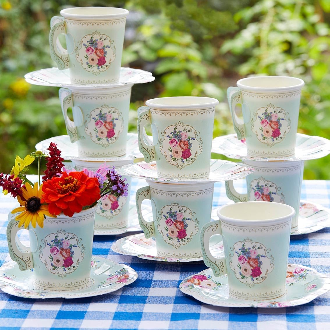 Talking Tables 24 x Pretty Vintage Floral Disposable Cups & Saucers Set for Weddings, Afternoon Tea Party Decorations, Mother's Day, Baby & Bridal Showers, Bridgerton Birthday - 2.9" Saucers, 6oz Cups
