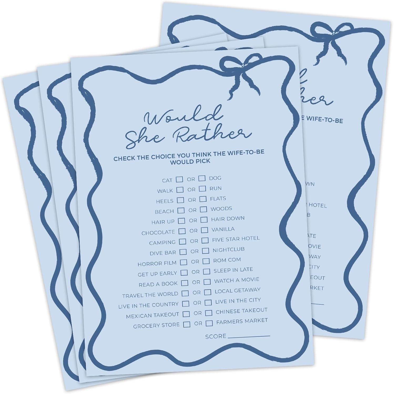 DEEKA 30 PCS Bridal Shower Games Card for 30 Guests Blue Wavy Border Ribbon Bow Funny Wedding Bachelorette Party Games for Reception (Would She Rather)