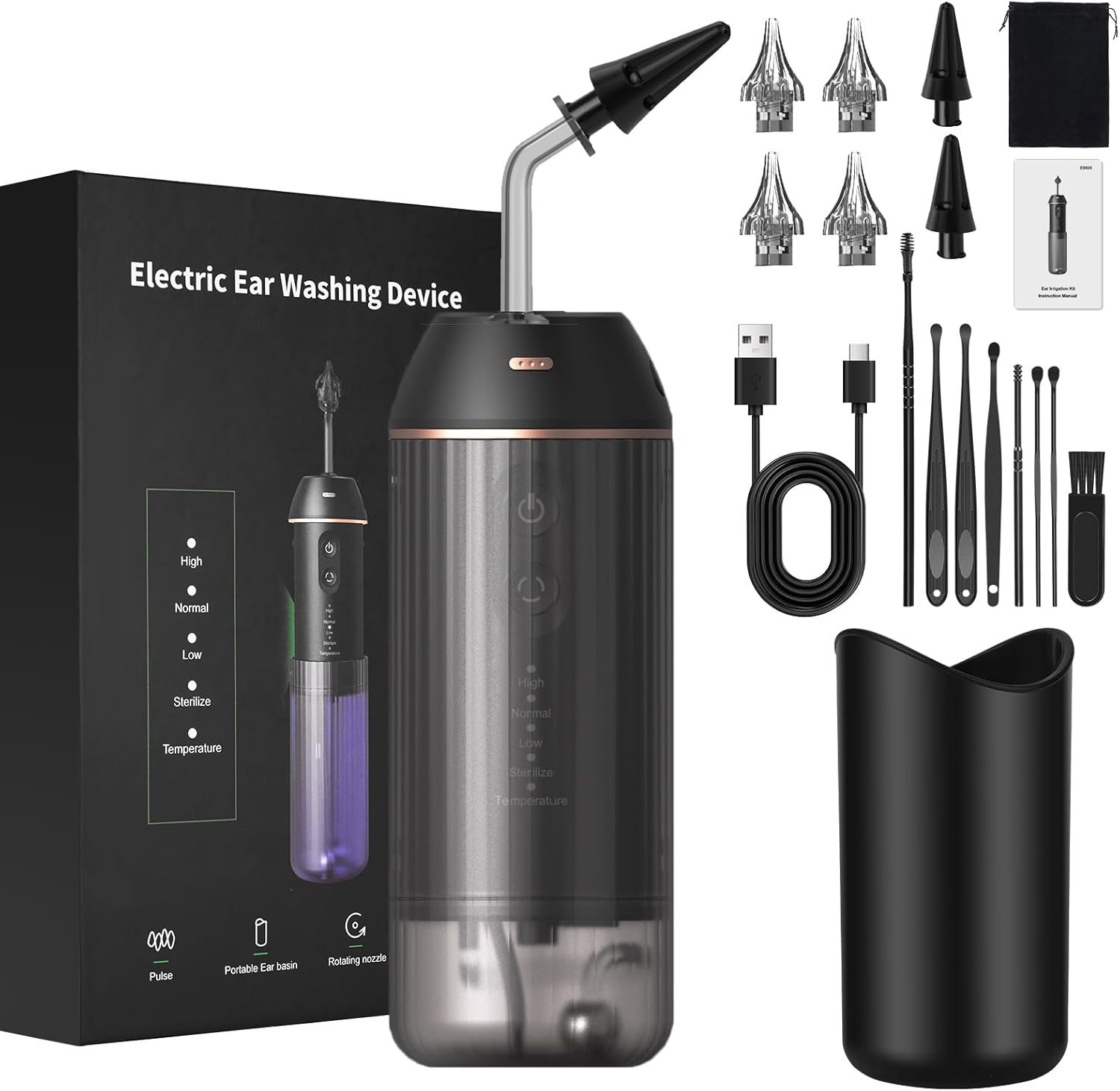 RISEMART Ear Wax Removal Kit - 3-Mode Pulsed Safe Ear Washer with UV Sterilisation, IPX7 Waterproof & Temperature Sensor, Safe Portable Ear Irrigation for Adults & Kids