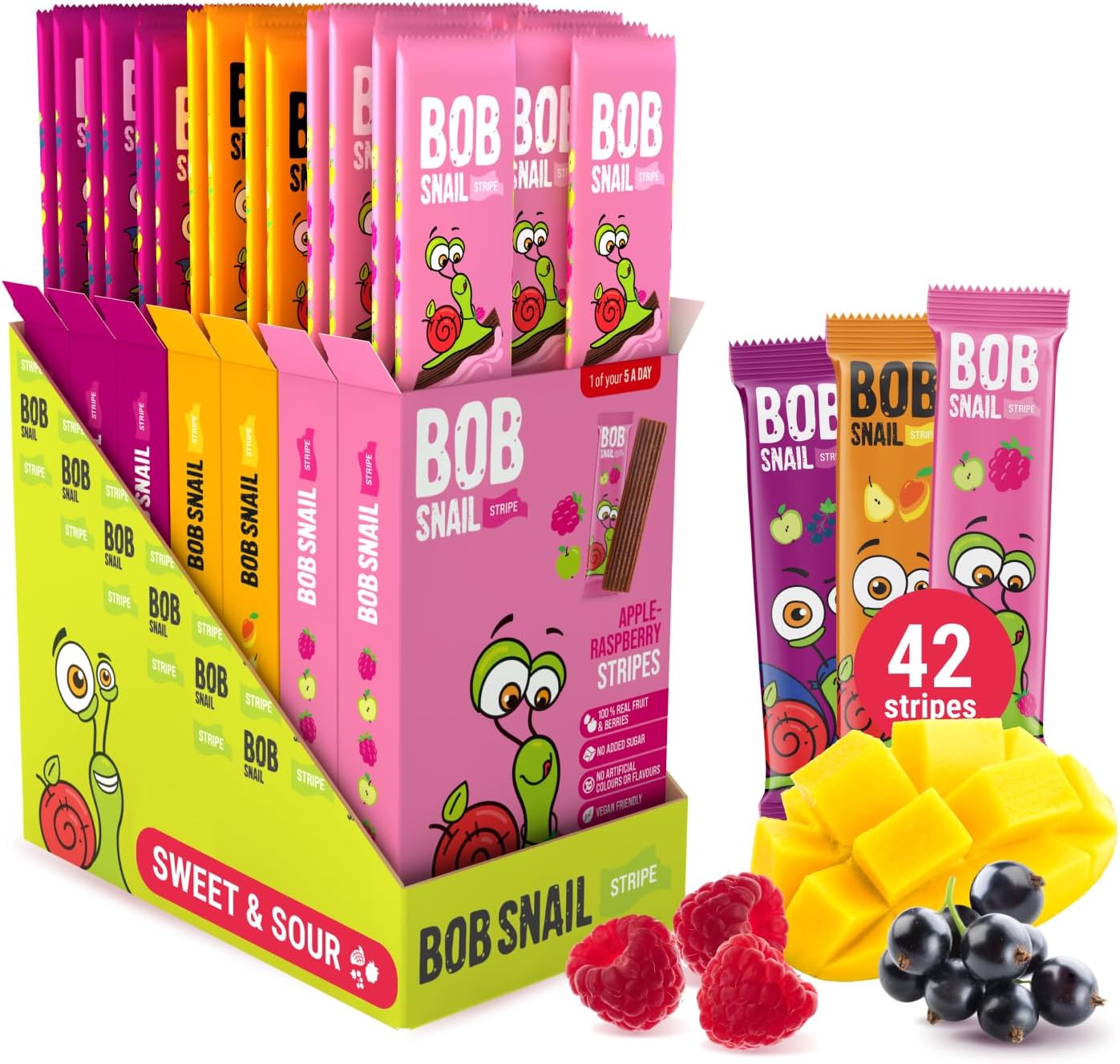 Bob Snail Fruit Leather Stripes – Mix Flavors Raspberry, Blackcurrant, Mango – Sugar Free, Vegan, Natural Healthy Fruit Snacks for Adults and Kids, Bulk Candy Family Box, 42 Bars (Pack of 7, 588g)