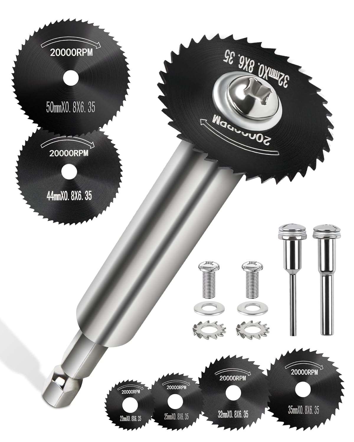 Cutting Wheel for Drill, Rotary Tool Cutting Discs with 6pcs Steel Saw Blades, 1pc 1/4" Hex Shank, 1/8" Round Shank, 1/4" Round Shank, Power Rotary Tool Accessories for Cutting Wood Plastic Soft Metal