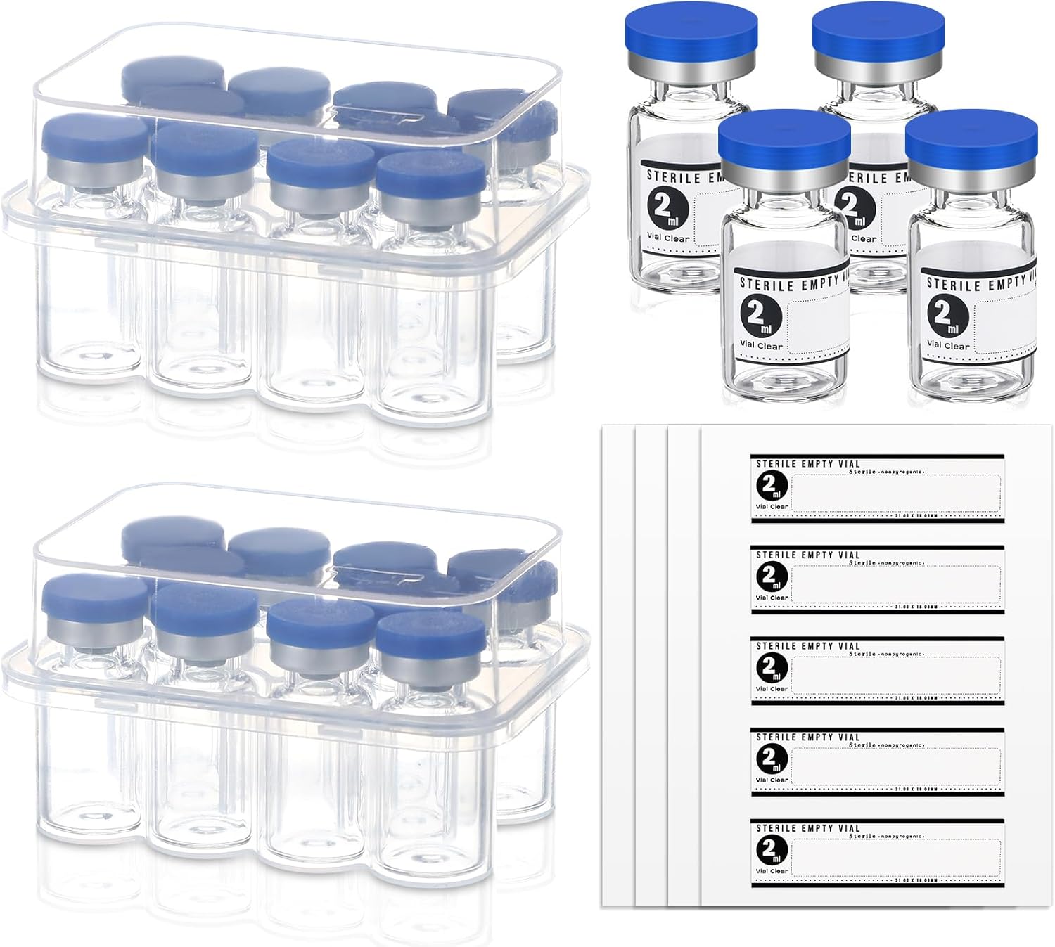 20 Pcs 2ml Sealed Sterile Empty Vials with Self Healing Injection Port Glass Penicillin Bottle with 20 Label Stickers