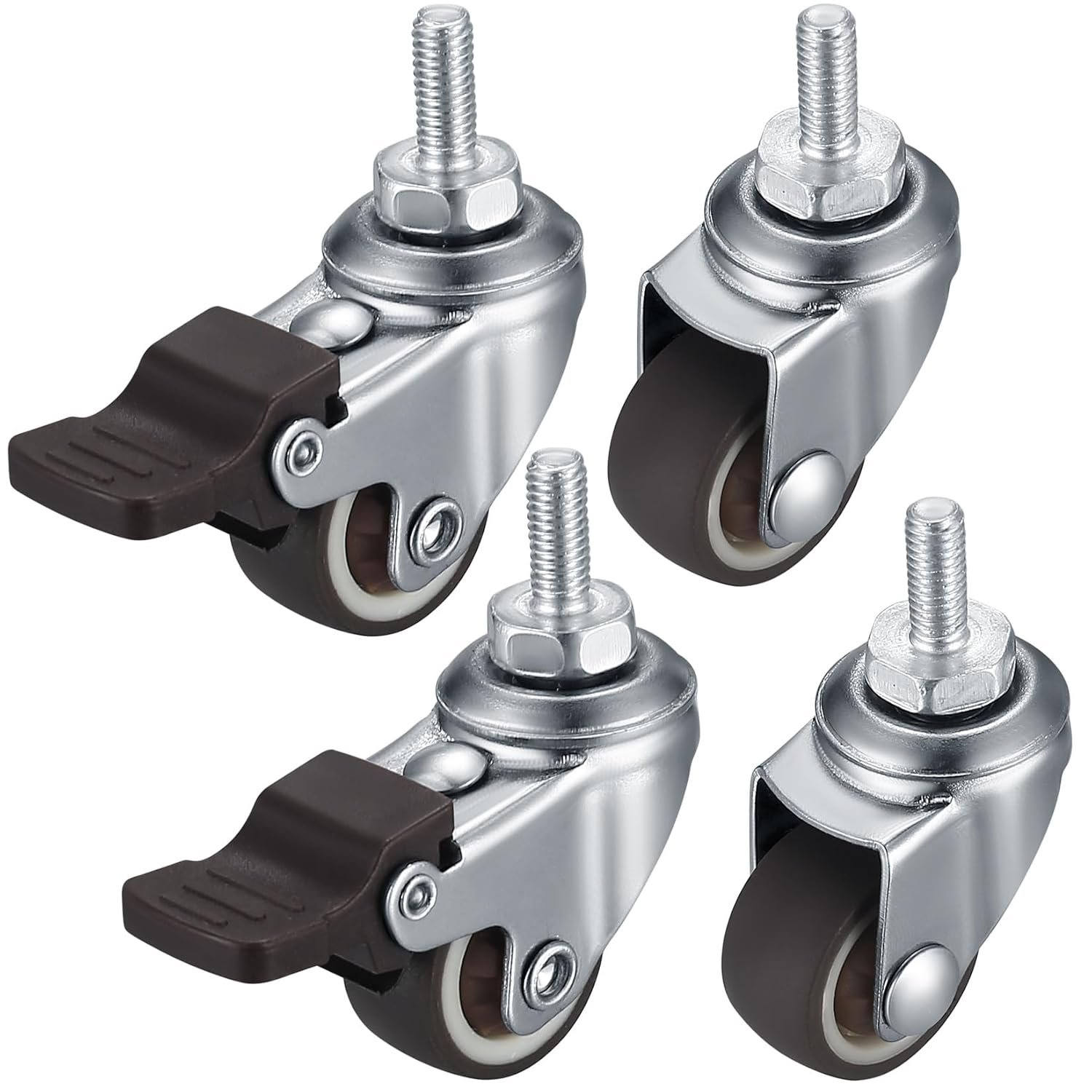 Pack of 4 M8 Swivel Castors for Furniture, Small, Swivel Castors with Brake, 360° Rotatable, Quiet, Non-Slip Rubber with Thread for Indoor Outdoor Furniture 2 Inches