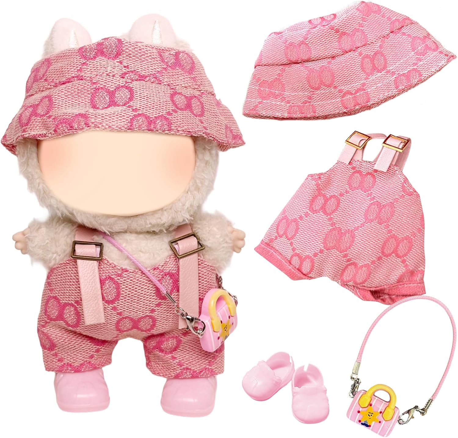 4 Pcs Doll Clothes Compatible with Labubu 17cm Dolls, Pink Doll Outfit Accessories Sets Include 1 Bib Pants 1 Pendant 1 Hats1 Shoes Girl for Best Gifts No Doll
