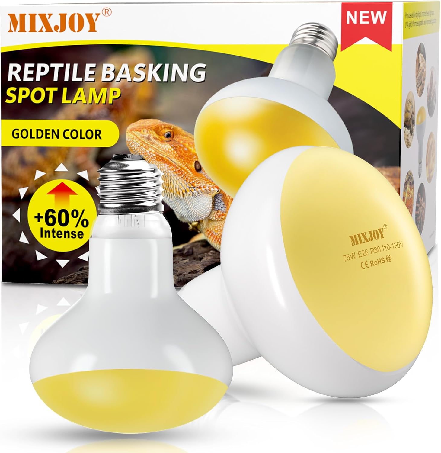 MIXJOY 2Pack Reptile Heat Lamp Bulbs 75W, 60% Intense Heat Bulb UVA Daylight Basking Spot Bulb for Reptiles, Turtle, Lizard, Tortoise, Bearded Dragon, Gecko, Chicken