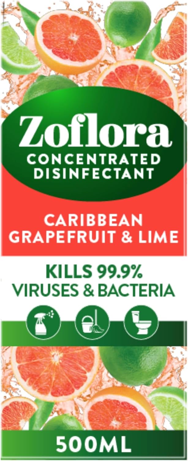 Zoflora Carribean & Grapefruit Concentrated Multipurpose Disinfectant Liquid, Antibacterial & Multi-Surface, Pet Safe Disinfectant, Kills 99.9% Of Bacteria & Viruses, 1 X 500 ml