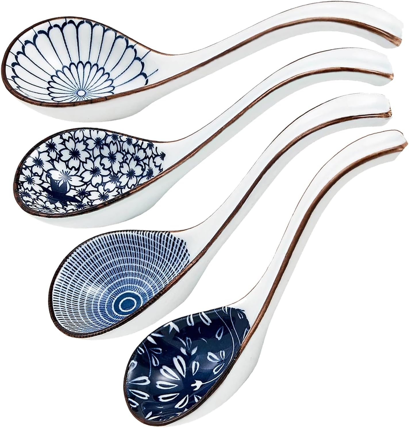 4Pcs Ceramic Soup Spoons, Asian Chinese Spoon Long Handle Spoon, Set of 4 Porcelain Japanese Spoons for Ramen, Vietnamese Wonton, Dumpling Rice Noodle Soup Spoons (Blue)