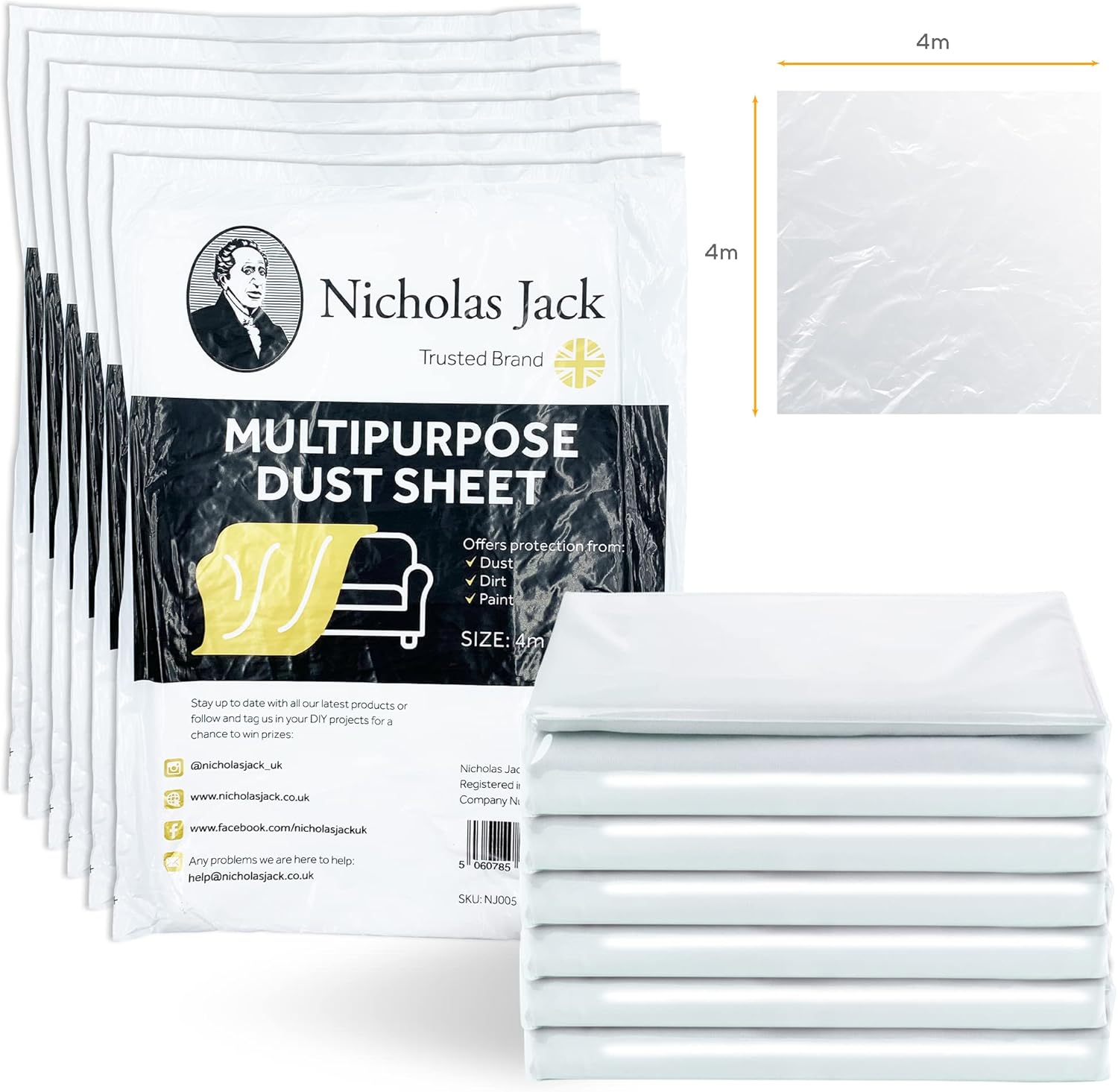 Pack of 6 Large Plastic Dust Sheets for Decorating 4m x 4m Decorators Polythene Paint Covers Sheeting for Furniture & Flooring etc,