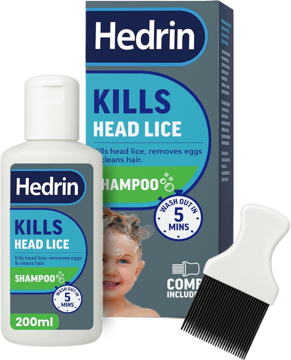 Hedrin Head Lice Shampoo and Comb Kit, Kills Head Lice and Eggs in 5 Minutes, 8 Treatments, Clinically Tested, Suitable for Adults and Children, 200ml, (Formerly All-in-One - Packaging May Vary)